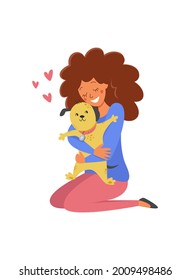 Woman hugs her dog with love, the concept of the relationship between people and their pets, adopt, shelter. Vector flat illustration in cartoon style