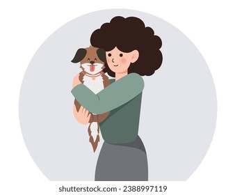 woman hugs her dog with love, the concept of the relationship between people and their pets, adopt, shelter. Woman holding dog. Cartoon vector illustration..
