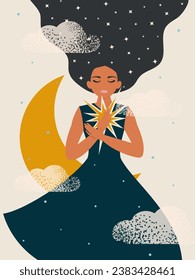 A woman hugs her guiding star, sitting on a crescent moon among the clouds, dreaming of a happy, peaceful future. Vector.