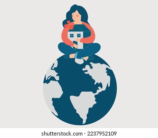 Woman hugs her home with care and love. Mother with embraces her house and sits on the globe. Influence of family support, motherhood and positive parenting in the world. Women's empowerment.