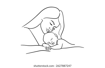 Woman hugs her newborn sleeping baby, continious line drawing. Mother`s day outline. Vector illustration