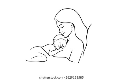 Woman hugs her newborn sleeping baby, continious line drawing. Mother`s day outline. Vector illustration