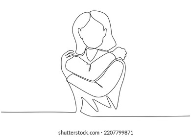A woman hugs herself  beautiful young woman  dress casually  cold embraced himself  white background  one line painting  shoulder  length hair looks charming  warm your own body hands close to the body