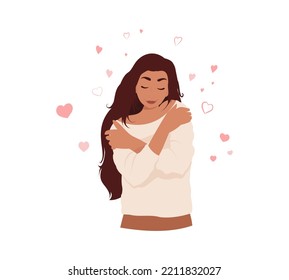 Woman hugs herself by the shoulders. Love yourself concept. Self care. Cartoon, flat vector illustration. Mental health support