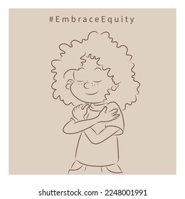 Woman hugs herself. Hands. International Women Day illustrations. Embrace Equity concept. Simple square line art image on pastel background in cartoon doodle style