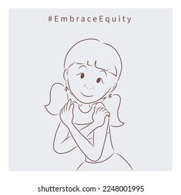 Woman hugs herself. Hands. International Women Day illustrations. Embrace Equity concept. Simple square line art image on pastel background in cartoon doodle style