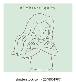 Woman hugs herself. Hands. International Women Day illustrations. Embrace Equity concept. Simple square line art image on pastel background in cartoon doodle style