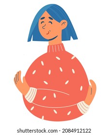 Woman hugs herself. Love yourself concept. Girl Healthcare Skincare. Take time for your self. Vector cartoon hand draw illustration. 
