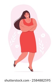 A woman hugs herself, loves, accepts herself as she is. Mental health, body positivity. Vector flat graphics.