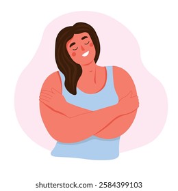 A woman hugs herself, loves to care, accepts. Vector flat graphics.