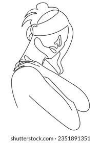 Woman Hugs Herself as a Sign for Self-Love and Self-Care in Minimal One Line Art Drawing