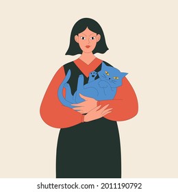 The woman hugs and holds the cat. Adopt a Friend. Vector hand drawn illustration in flat cartoon style.