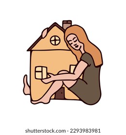 A woman hugs the house.  vector illustration of hand holding house.  Isolated