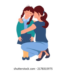 A woman hugs a little crying girl. Mother comforts her daughter. Vector illustration in flat style on a white background.