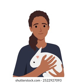 Woman hugs the little happy rabbit. Flat vector illustration isolated on white background