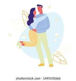 Woman Hugs Man by Neck on White Background. Man Raise Woman on Hands. Family Walking. People Meet in Park. Vector Illustration. Family Spends Time Together. Park Area. Family Look.