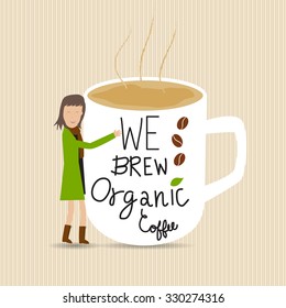 Woman hugs organic coffee mug vector. illustration EPS10.