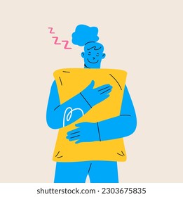 Woman hugs a pillow. Tired girl hugging pillow. Colorful vector illustration