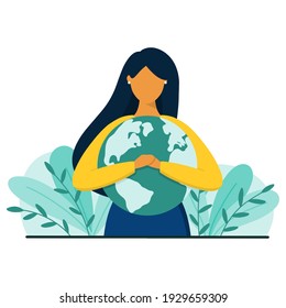 Woman hugs planet Earth with love and care. Save the planet concept. Flat style vector illustration.