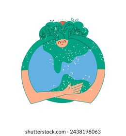 Woman hugs planet. Environmental care concept illustration.