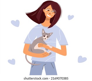 A woman hugs a sphinx cat. Happy girl with a pet friend in her arms. Portrait of a cat lover. Vector isolated illustration in flat style for design card, poster, print on fabric, paper. Animal care.