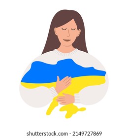 Woman hugs Ukraine with the colors of the flag. Support for Ukraine. Ukraine in the heart concept. Stay with Ukraine. Vector illustration in the paper cut style.