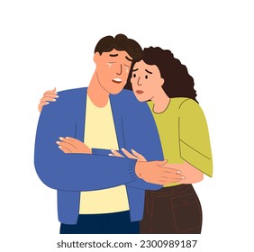 La mujer abraza, apoya y reconforta a su hombre llorando, su pareja en el estrés y la desesperación. Pareja de duelo juntos. Preocupada persona temerosa que sufre. Ilustración plana vectorial aislada en fondo blanco