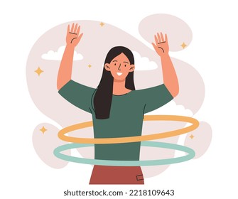 Frau mit Hula-Hoop. Poster oder Banner für Website, aktiven Lifestyle und Sport. Fröhliches junges Mädchen, das Spaß hat. Teenager oder Kind. Spiel- und Unterhaltungskonzept. Cartoon-Flavektor-Vektorgrafik