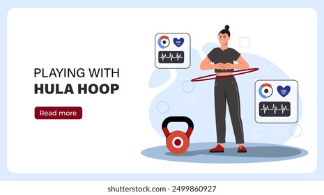 Woman with hula hoop poster. Young girl with fitness and workout. Cardio workout at home. Active lifestyle and sports. Athlete and sportswoman. Landing webpage design. Flat vector illustration