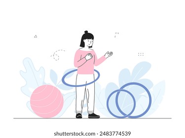 Mujer con hula hoop. Chica joven con aros cerca de fitball. Estilo de vida activo y deportes. Persona con entrenamiento corporal, bailando. Ilustración vectorial lineal aislada sobre fondo blanco