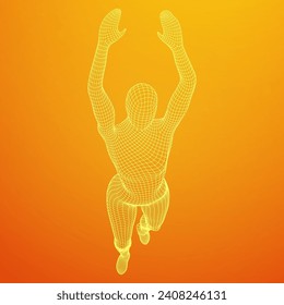 Woman human body jumping diving. Human anatomy action pose. Wireframe low poly mesh vector illustration