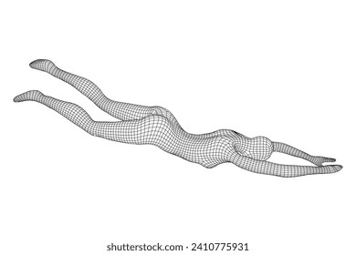Woman human body jumping diving. Human anatomy action pose. Wireframe low poly mesh vector illustration