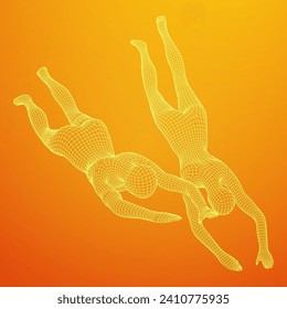 Woman human body jumping diving. Human anatomy action pose. Wireframe low poly mesh vector illustration