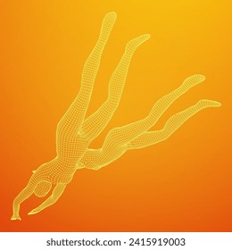 Woman human body jumping diving. Human anatomy action pose. Wireframe low poly mesh vector illustration