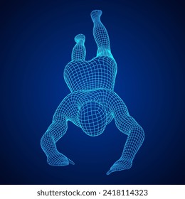 Woman human body jumping diving. Human anatomy action pose. Wireframe low poly mesh vector illustration