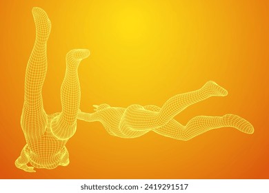 Woman human body jumping diving. Human anatomy action pose. Wireframe low poly mesh vector illustration