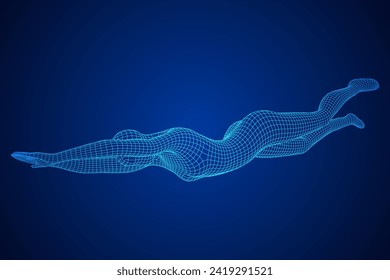 Woman human body jumping diving. Human anatomy action pose. Wireframe low poly mesh vector illustration