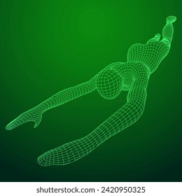 Woman human body jumping diving. Human anatomy action pose. Wireframe low poly mesh vector illustration