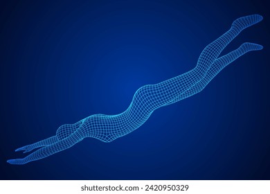 Woman human body jumping diving. Human anatomy action pose. Wireframe low poly mesh vector illustration