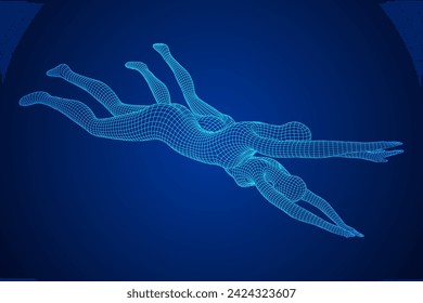 Woman human body jumping diving. Human anatomy action pose. Wireframe low poly mesh vector illustration