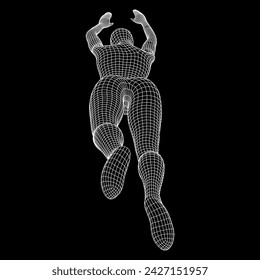 Woman human body jumping diving. Human anatomy action pose. Wireframe low poly mesh vector illustration