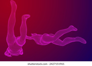 Woman human body jumping diving. Human anatomy action pose. Wireframe low poly mesh vector illustration