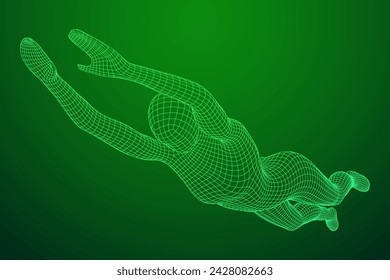 Woman human body jumping diving. Human anatomy action pose. Wireframe low poly mesh vector illustration