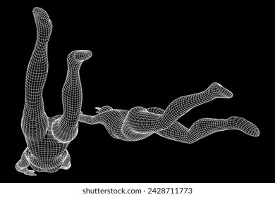 Woman human body jumping diving. Human anatomy action pose. Wireframe low poly mesh vector illustration