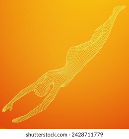 Woman human body jumping diving. Human anatomy action pose. Wireframe low poly mesh vector illustration