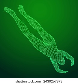 Woman human body jumping diving. Human anatomy action pose. Wireframe low poly mesh vector illustration
