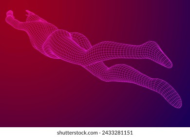 Woman human body jumping diving. Human anatomy action pose. Wireframe low poly mesh vector illustration