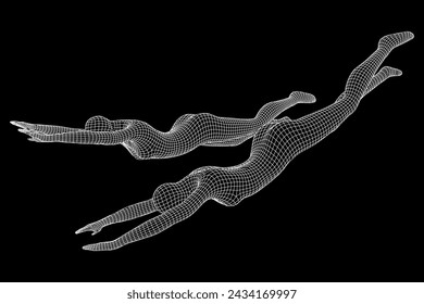 Woman human body jumping diving. Human anatomy action pose. Wireframe low poly mesh vector illustration