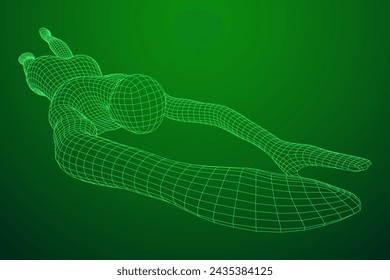 Woman human body jumping diving. Human anatomy action pose. Wireframe low poly mesh vector illustration