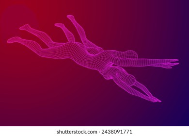 Woman human body jumping diving. Human anatomy action pose. Wireframe low poly mesh vector illustration